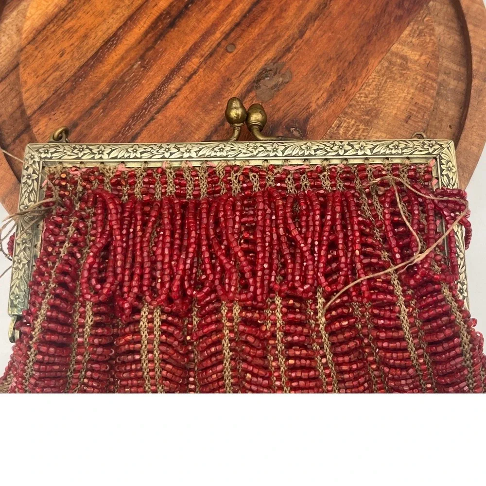 Antique 1920s‎ Red Micro Beaded Fringe Purse Art Deco Floral Brass Frame Flapper